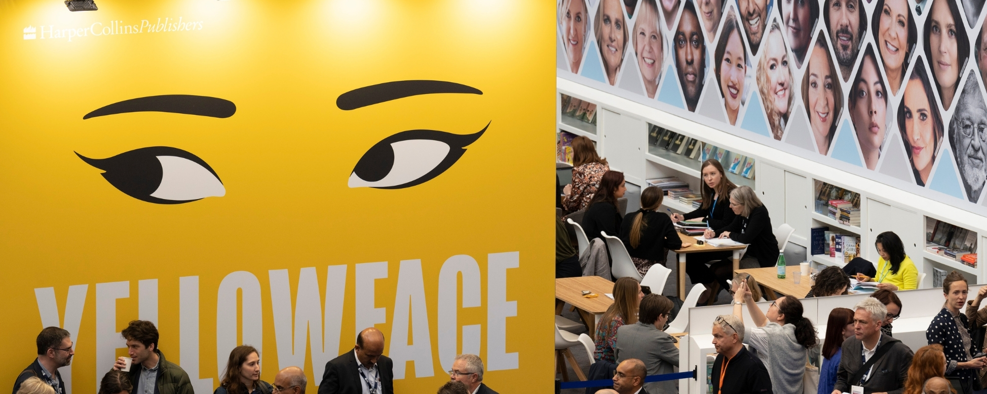 The faces of star authors and a large graphic for Rebecca Kuang's bestseller 'Yellowface', looks down on delegates at the publisher's stand during the first day of the London Book Fair at Hammersmith's Olympia Exhibition Hall, on 18th April 2023, in London, England.
