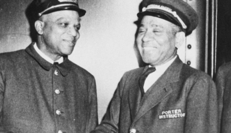 (Left to right) Sleeping car porters Shirley Jackson, Pete Stevens, Harry Gairey and Jimmy Downes. Photo from Library and Archives Canada, PA-212572.