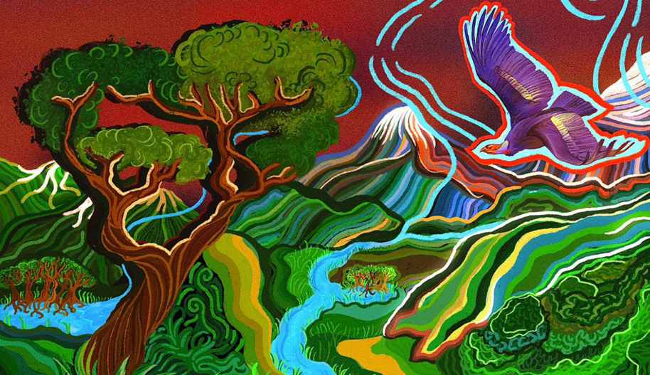 A painting showing a condor flying over a lush river valley with pink flowers and a tall tree.