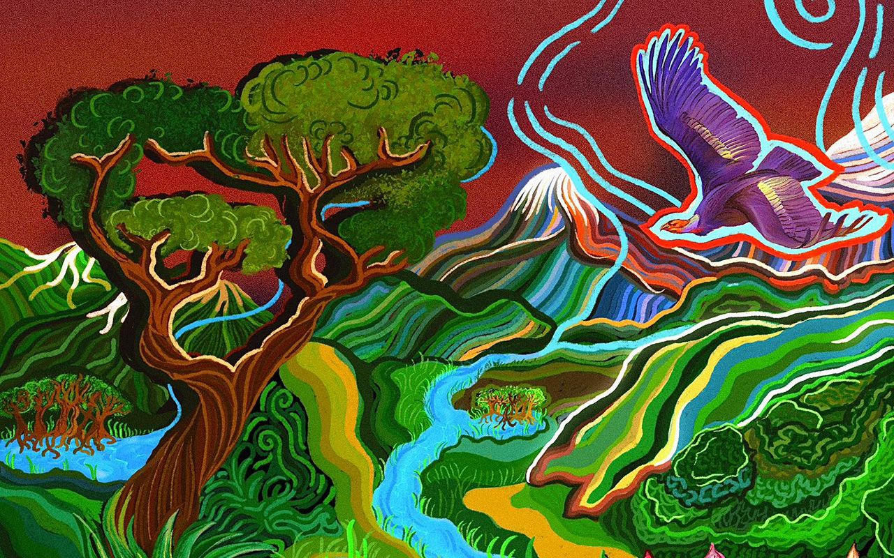 A painting showing a condor flying over a lush river valley with pink flowers and a tall tree.