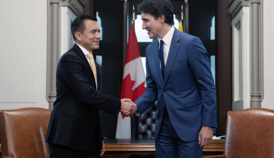 Prime Minister Justin Trudeau shakes hands with Ecuador's President Daniel Noboa at a meeting in Ottawa