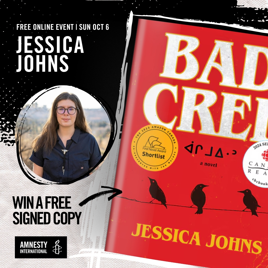 Amnesty Book Club event graphic with Jessica Johns, author of Bad Cree