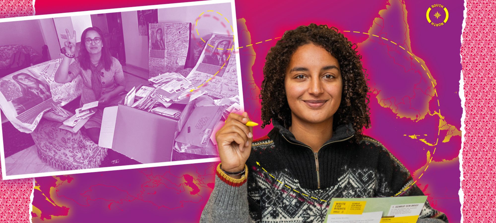 Write for Rights 2024 graphic featuring a young woman holding a yellow pen.