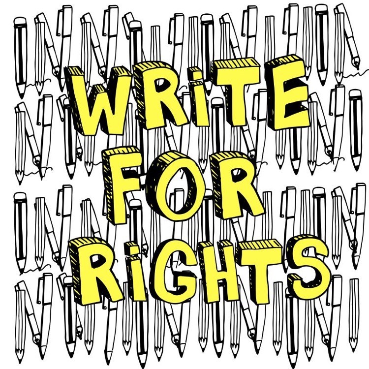 Drawing of pencils with text overlay: Write for Rights"