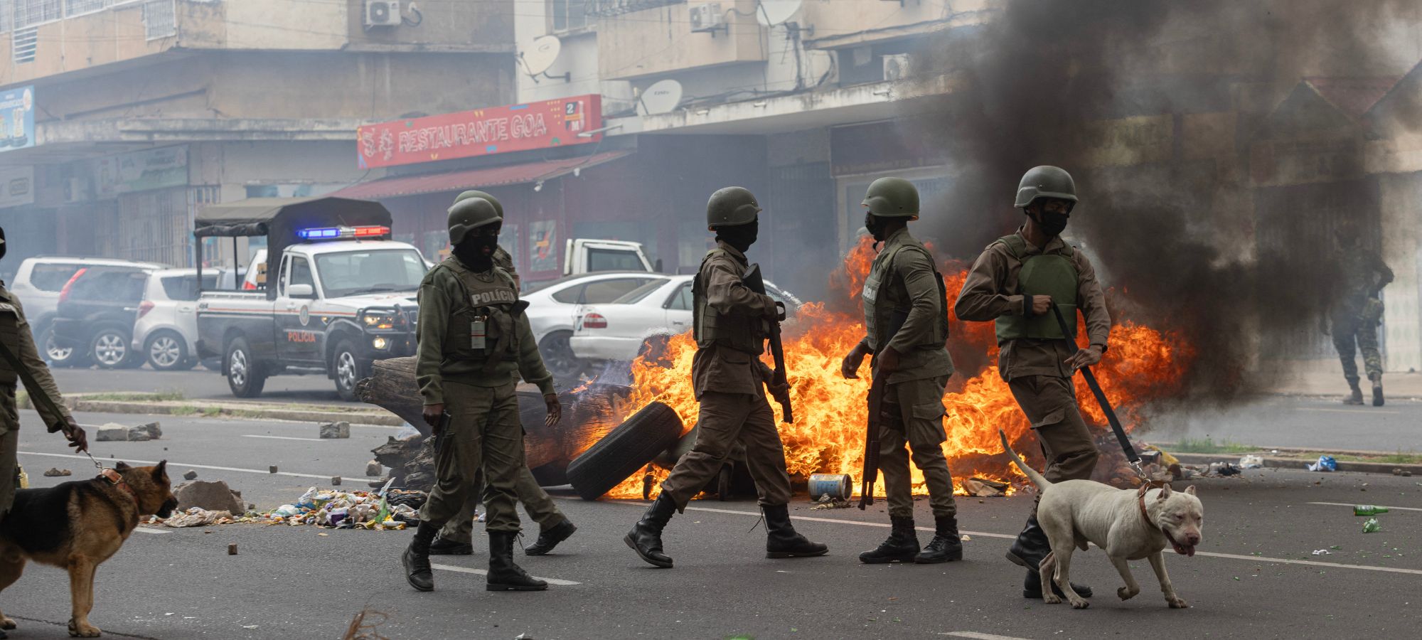 Anti-riot police officers with their dogs walk down Eduardo Mondlane Avenue past burning barricades made by protesters in Maputo, Mozambique on November 7, 2024.
