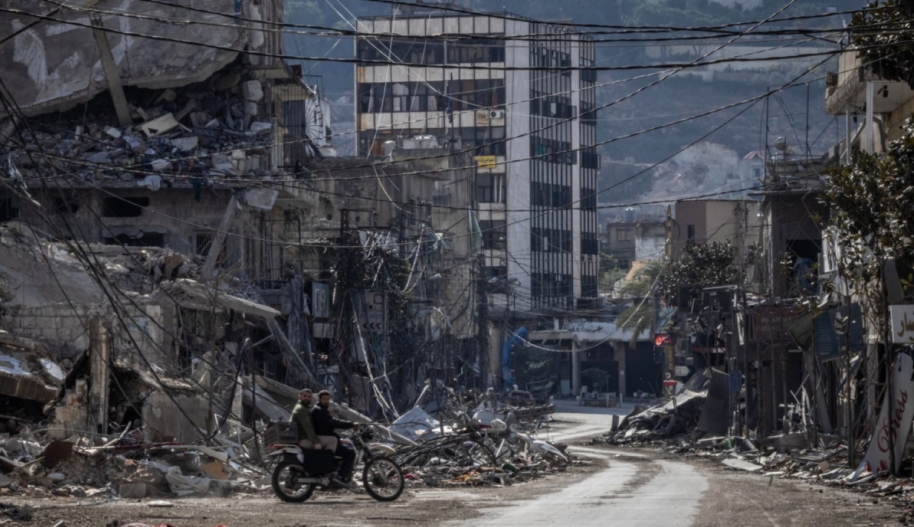 Damaged buildings stand near the rubble of Nabatiehs municipality building, which was destroyed in multiple Israeli airstrikes on 16th October 2024 on November 8, 2024 in Nabatieh, Lebanon. Photo by Ed Ram/Getty Images.