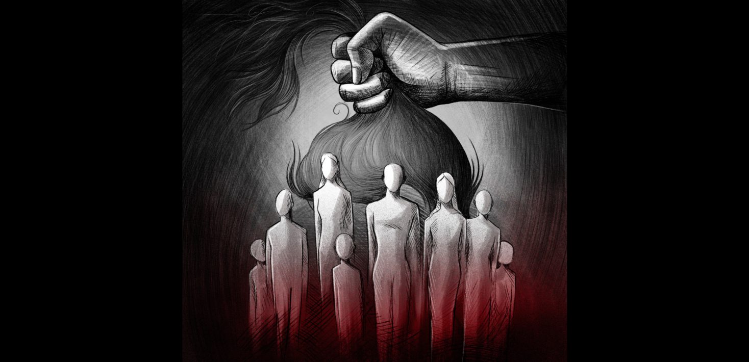 Illustration of unclear people with a hand holding hair in the background representing control