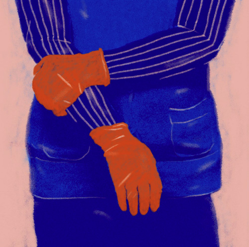 Illustration of close up of woman's hands crossed in gloves