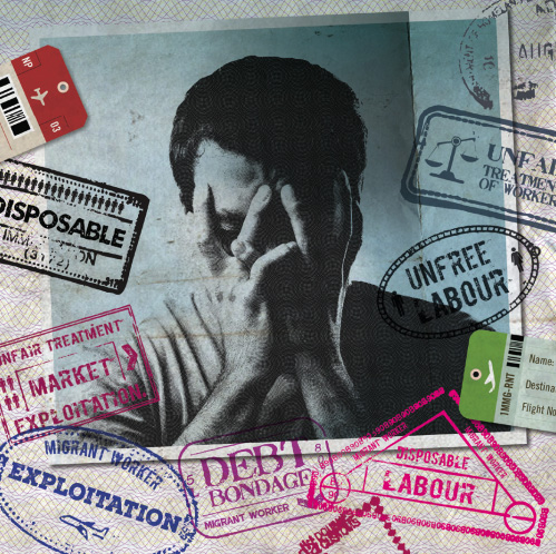 Graphic with man holding face and stamps about labour abuse all around his photo