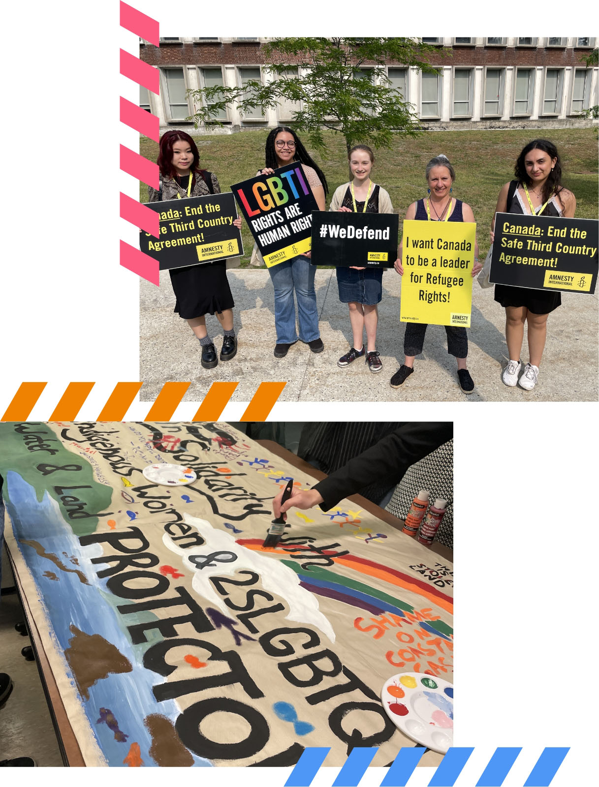 Collage of images of people participating in an event and holding up signs