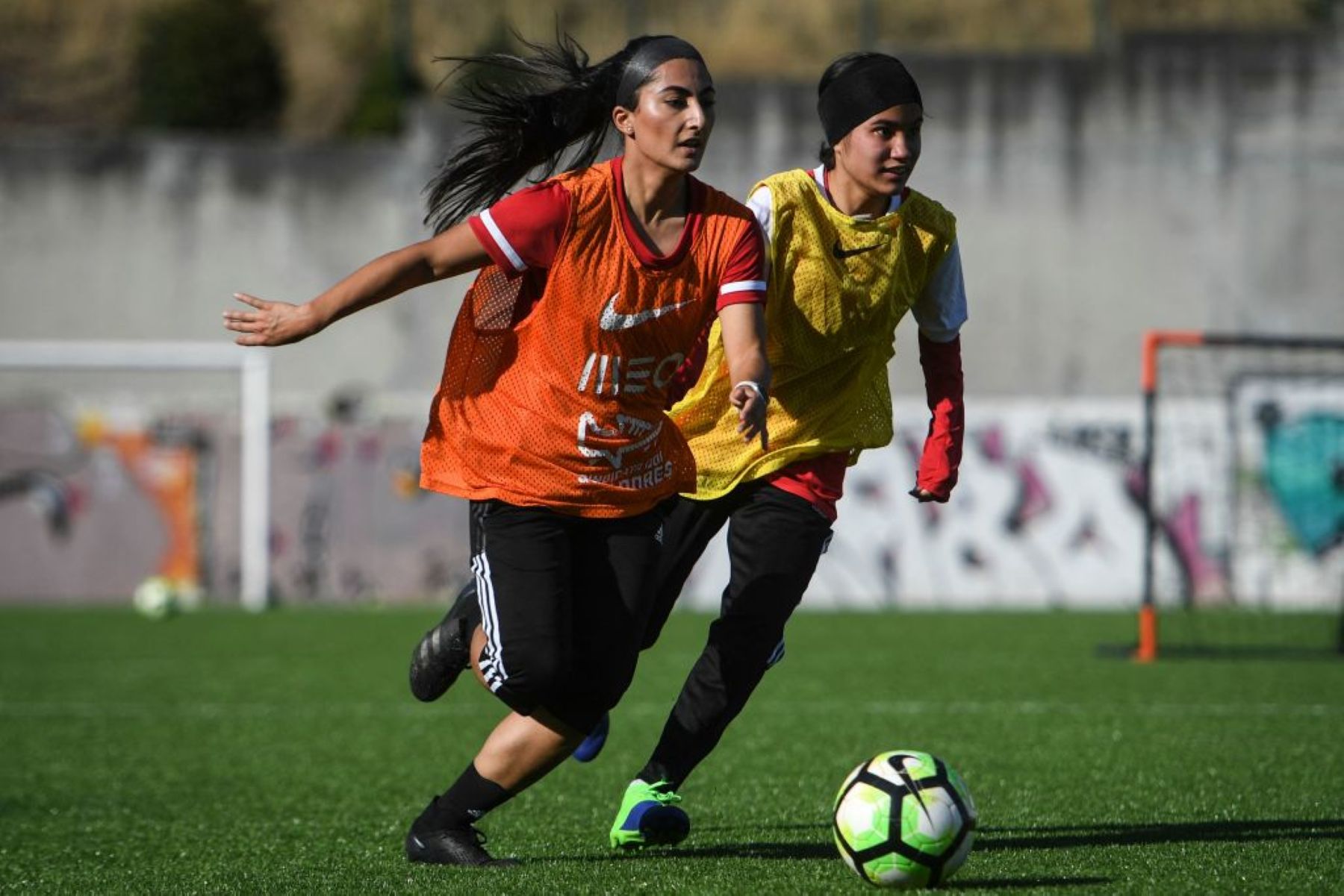 Players of Afghanistan national women football team attend to a training session at Odivelas, outskirts of Lisbon on September 30, 2021. Photo by PATRICIA DE MELO MOREIRA/AFP via Getty Images.