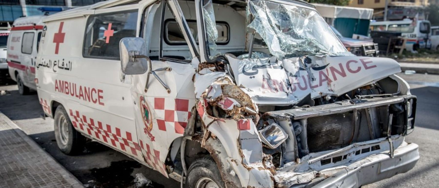 The remains of an ambulance seen in Saida, southern Lebanon, following a ceasefire between Hezbollah and Israel. Photo by Sally Hayden/SOPA Images/LightRocket via Getty Images.