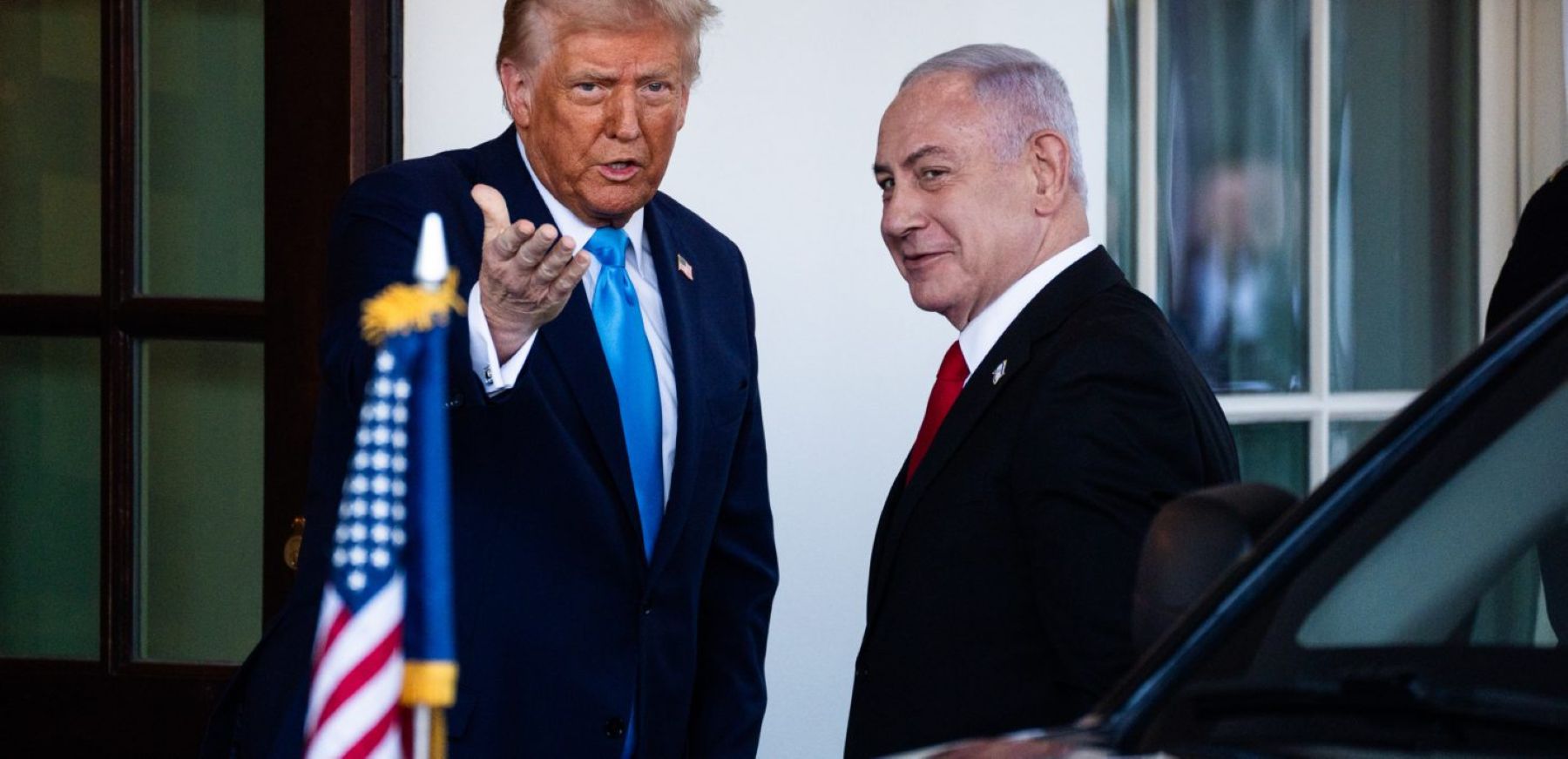 US President Donald Trump greets Israeli Prime Minister Benjamin Netanyahu at the West Wing of the White House on Tuesday, February 4, 2025. Photo by Demetrius Freeman/The Washington Post via Getty Images.