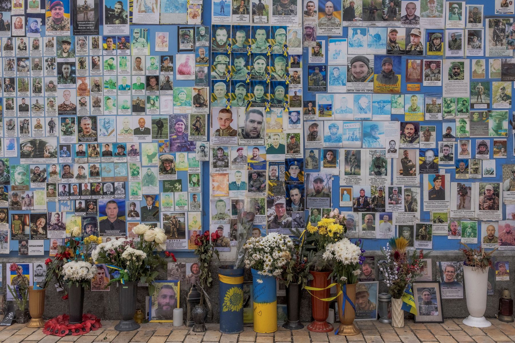 This photograph taken on February 23, 2024 shows "The Wall of Remembrance of the Fallen for Ukraine", a memorial for Ukrainian soldiers, in downtown Kyiv, ahead of the second anniversary of Russia's invasion of Ukraine. Photo by ROMAN PILIPEY/AFP via Getty Images.