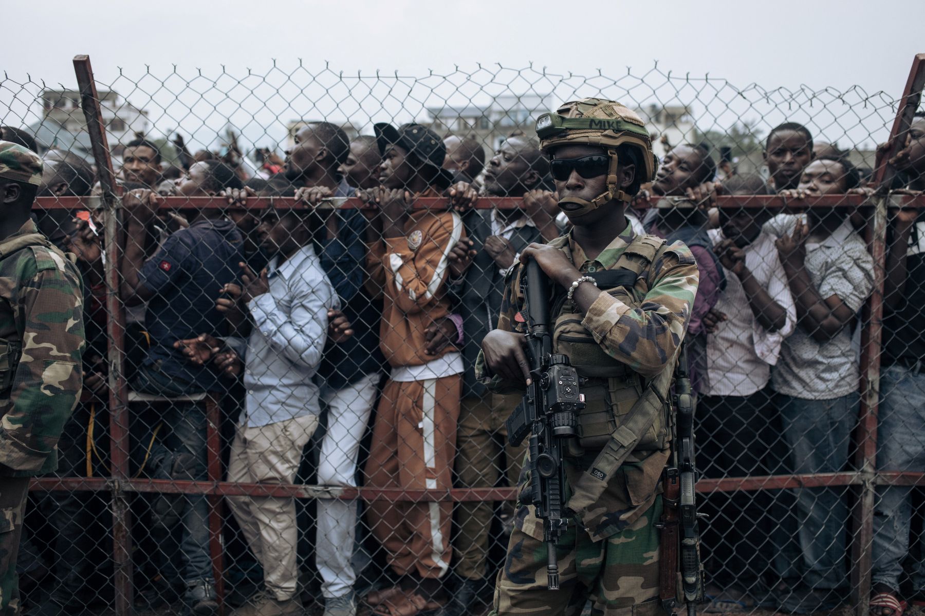 M23 soldiers are seen at the Stade de l'Unite' (Unity Stadium in French) in Goma on February 6, 2025 for a public gathering called by the armed group. Photo by ALEXIS HUGUET/AFP via Getty Images.