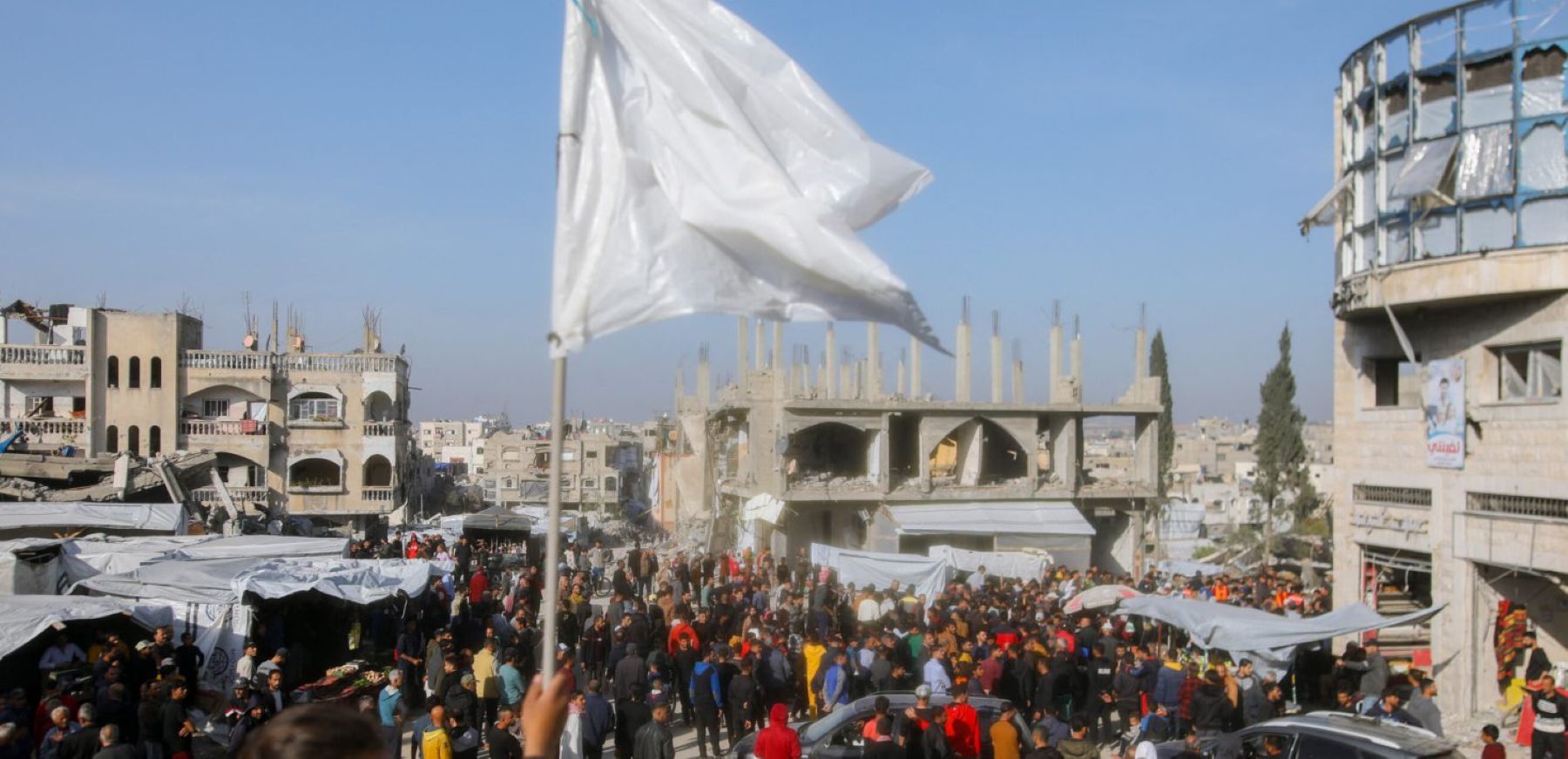 Palestinians chant slogans during an anti-Hamas protest, calling for an end to the war with Israel, in Beit Lahia in the northern Gaza Strip on March 26, 2025. Photo by YOUSSEF ALZANOUN/Middle East Images/AFP via Getty Images.