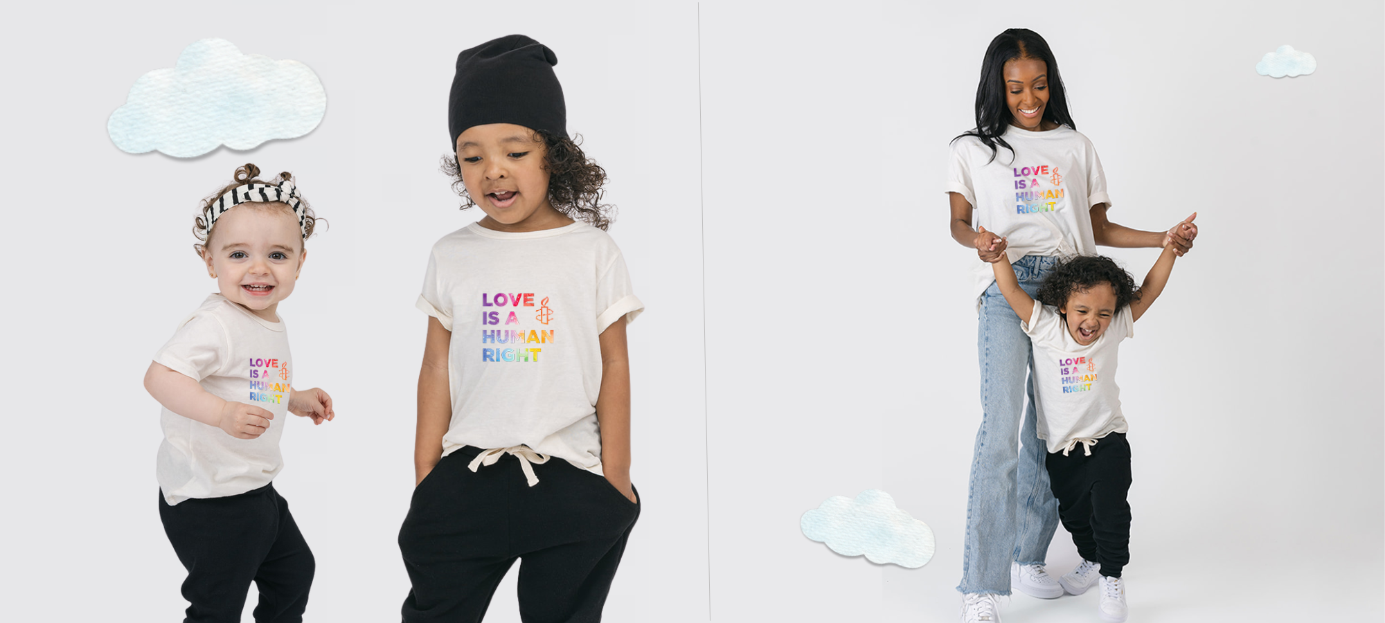 Women and kids wearing "Love is a Human Right" t-shirts as a part of Mini Mioche and Amnesty International's collaboration for Pride 2025