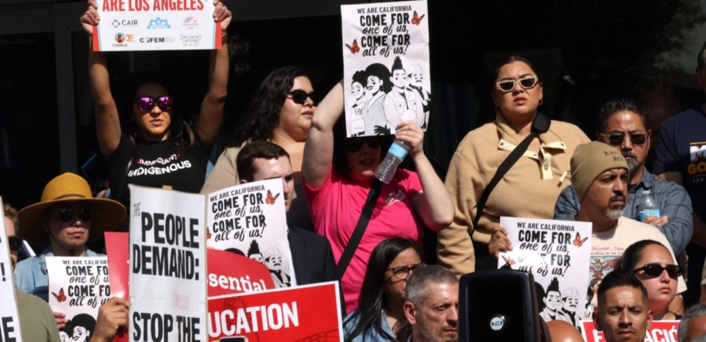 Over 300 immigrant rights activists rally and protest multiple immigration sweeps across Los Angeles by U.S. Immigration and Customs Enforcement agents today in front of the Federal Building in downtown Los Angeles on June 5, 2025. Photo by Genaro Molina/Los Angeles Times via Getty Images.