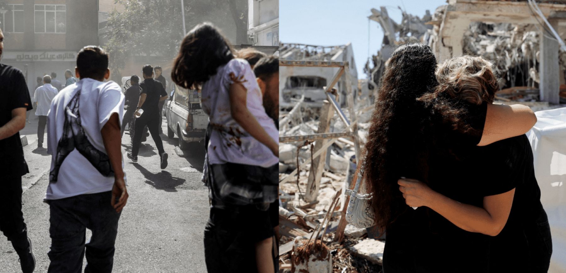 Images from aftermath of attacks in Tehran (left) and Israel (right) © Reuters