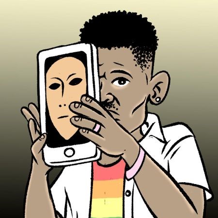Illustration of black man behind a tablet with a mask on it