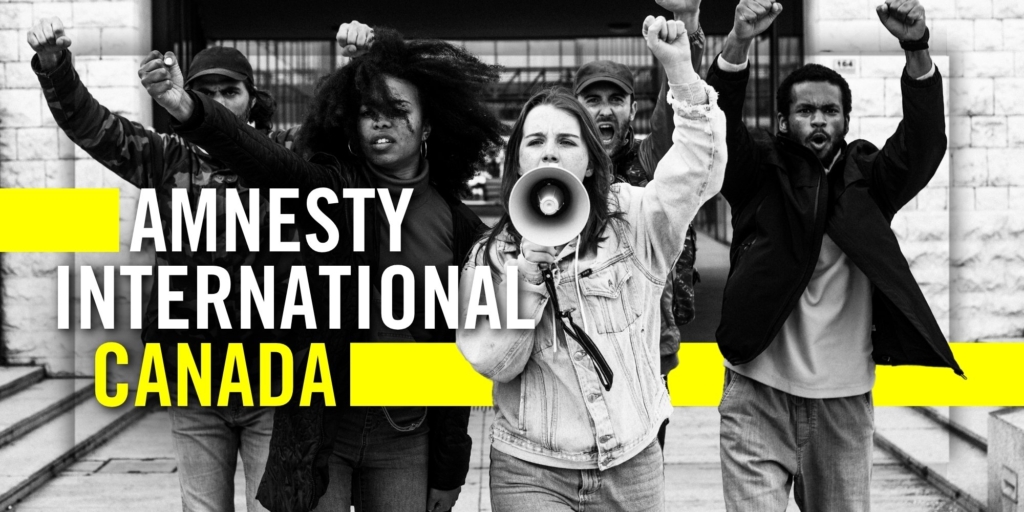Amnesty International Canada banner with youth activists protesting