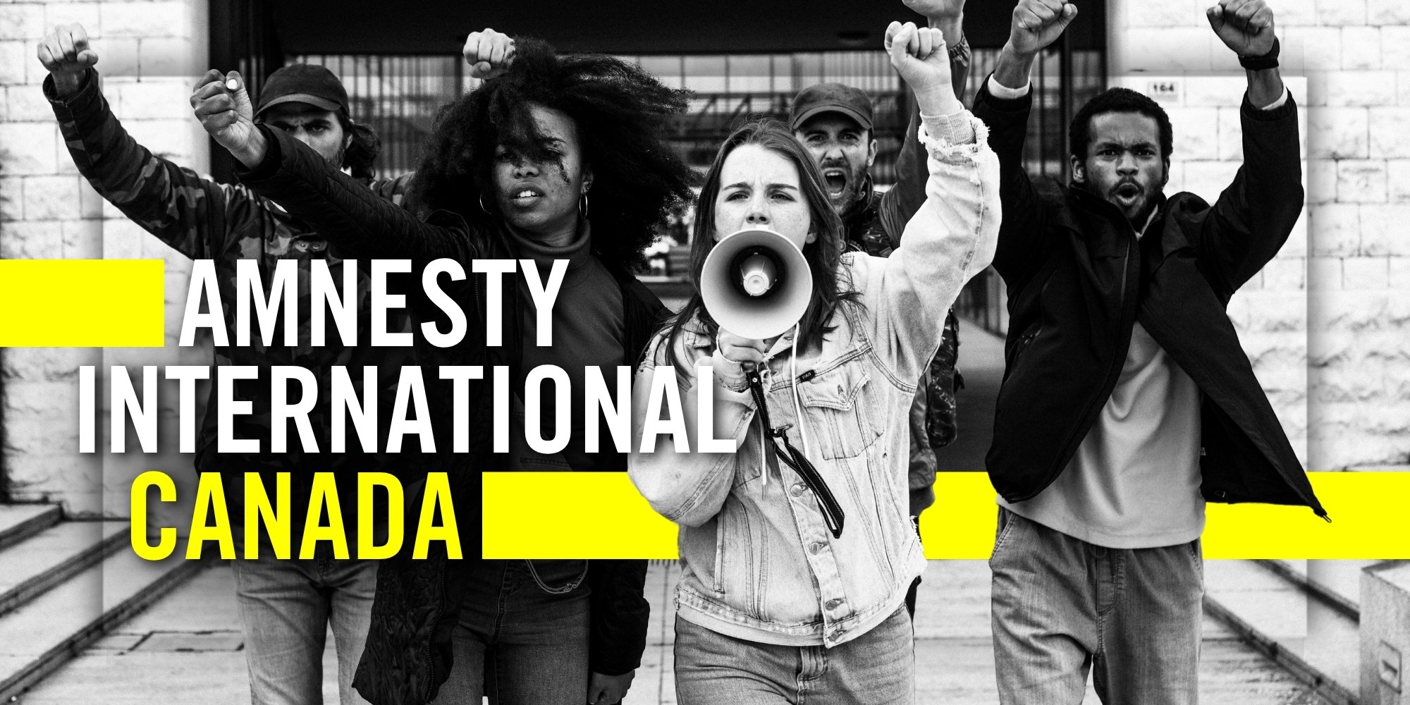Amnesty International Canada banner with youth activists protesting