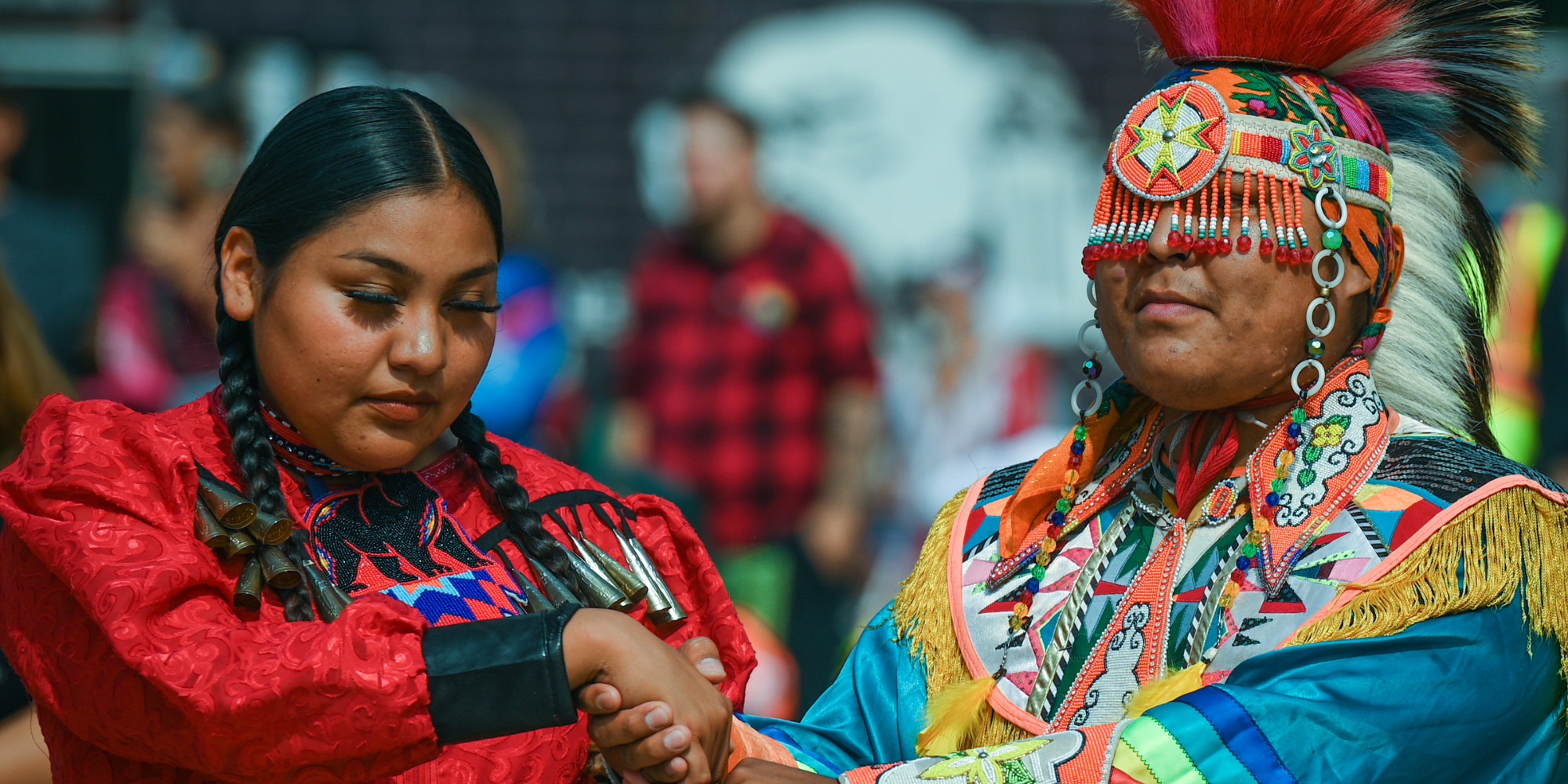 Members of the First Nation performing a dance during the Beaver Hills 2Spirit Powwow in Edmonton's Churchill Square on the opening day of the Edmonton Pride Festival, on August 24, 2023, in Edmonton, Alberta, Canada.