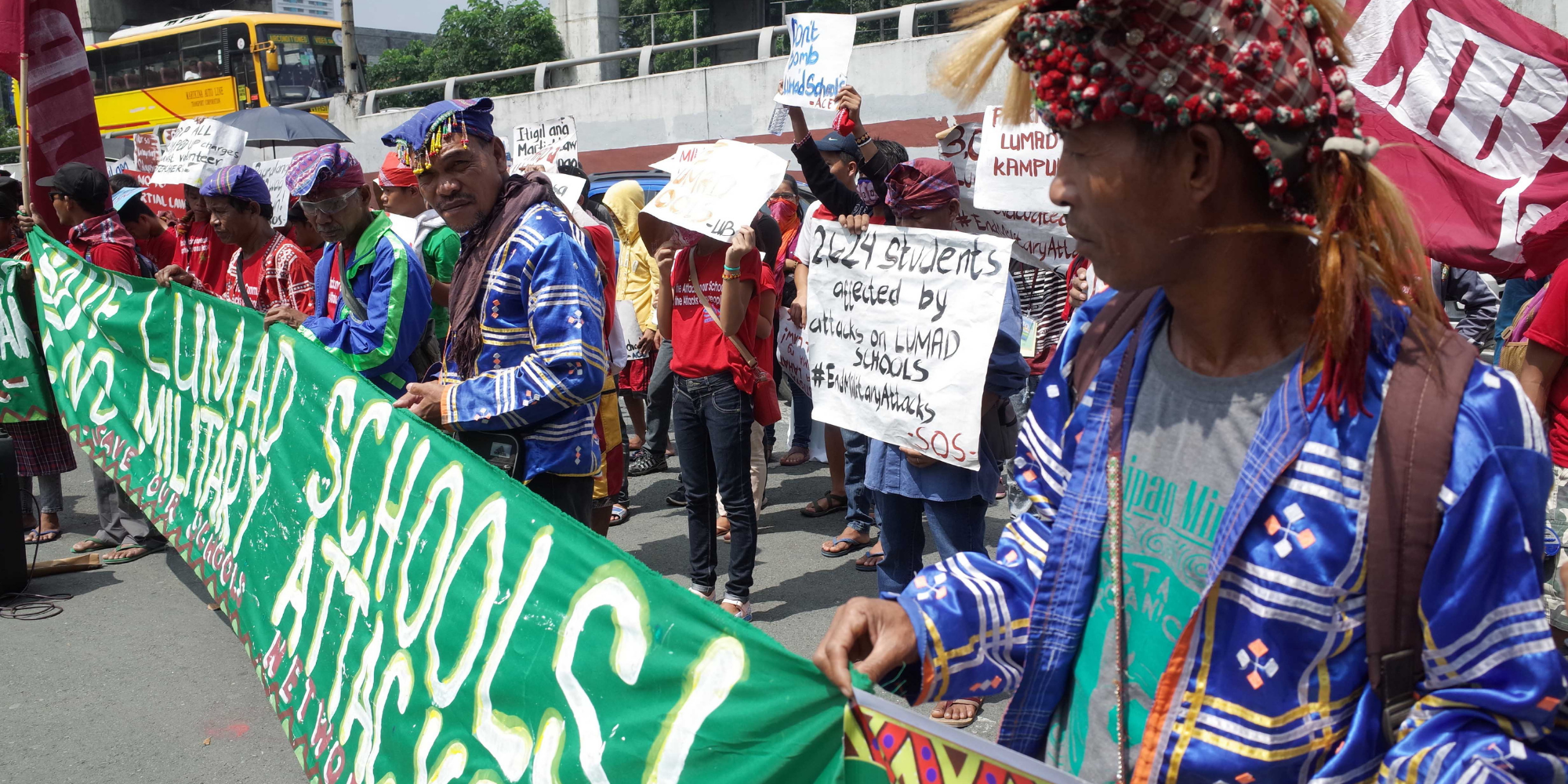 Manobo Indigenous Peoples attend a rally coinciding the International Day of the World's Indigenous Peoples outside Camp Aguinaldo in Quezon City on August 9, 2017. (Photo by Richard James Mendoza/NurPhoto via Getty Images)