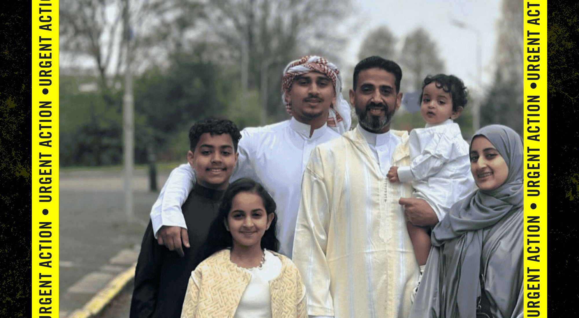 Photo of Fahd Ezzi Mohammed Ramadhan standing outside with his family, all looking at the camera. The photo was taken in Zaanstad, the Netherlands, in April 2023.
