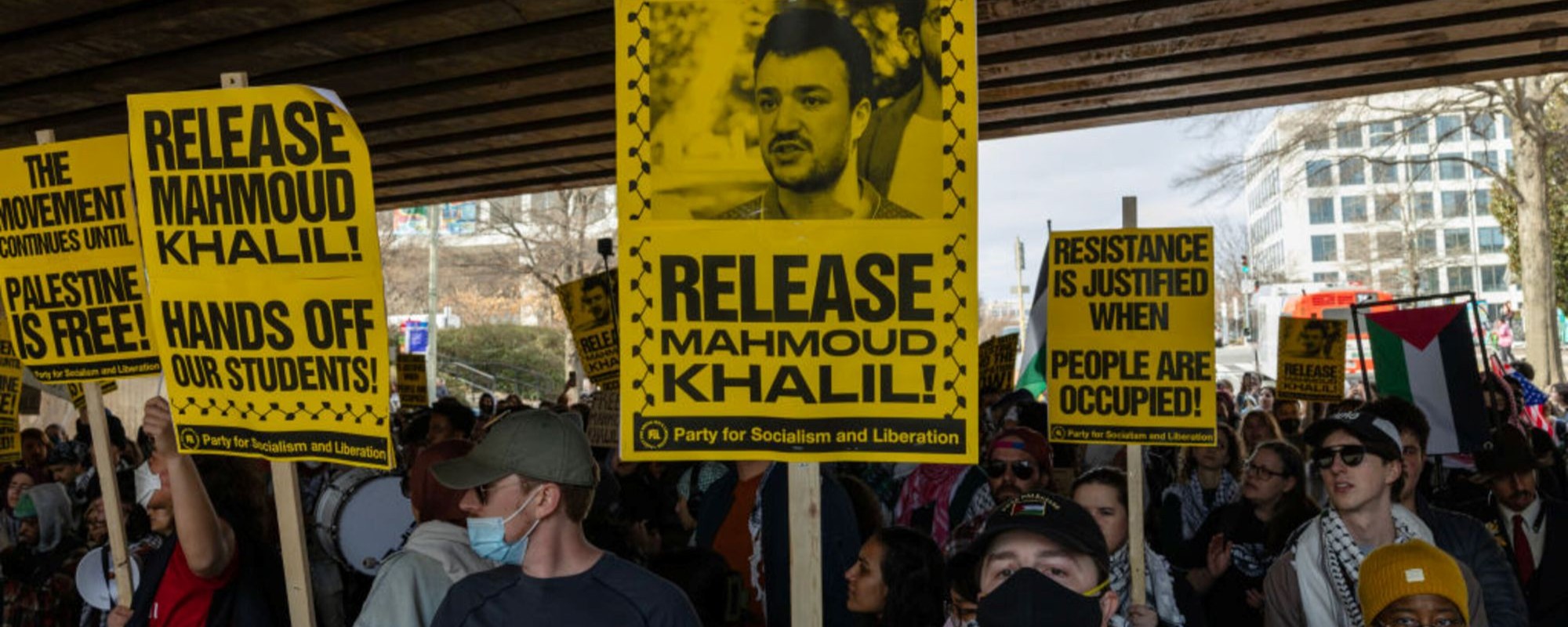 Demonstrators gather outside the U.S. Immigration and Customs Enforcement building and then march during the 'Fight for Our Rights' protest. They show solidarity with Palestinians and demand justice for Mahmoud Khalil, a former Columbia University student activist arrested on March 9, 2025. Photo by Probal Rashid/LightRocket via Getty Images.