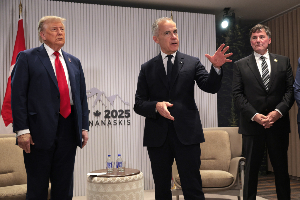 U.S. President Donald Trump and Canadian Prime Minister Mark Carney hold a bilateral meeting during the G7 Leaders' Summit on June 16, 2025 in Kananaskis, Alberta.
