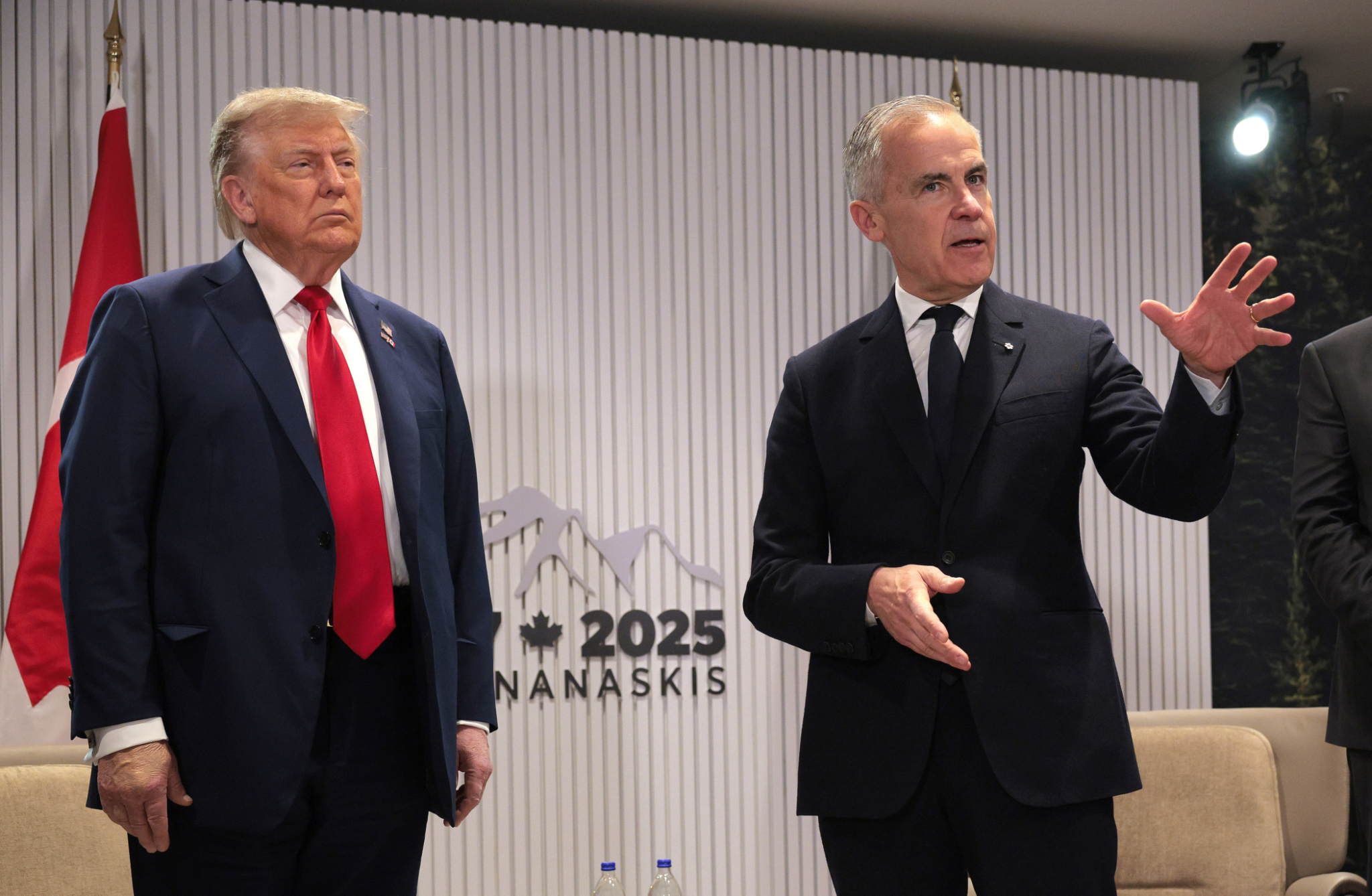 U.S. President Donald Trump and Canadian Prime Minister Mark Carney hold a bilateral meeting during the G7 Leaders' Summit on June 16, 2025 in Kananaskis, Alberta.