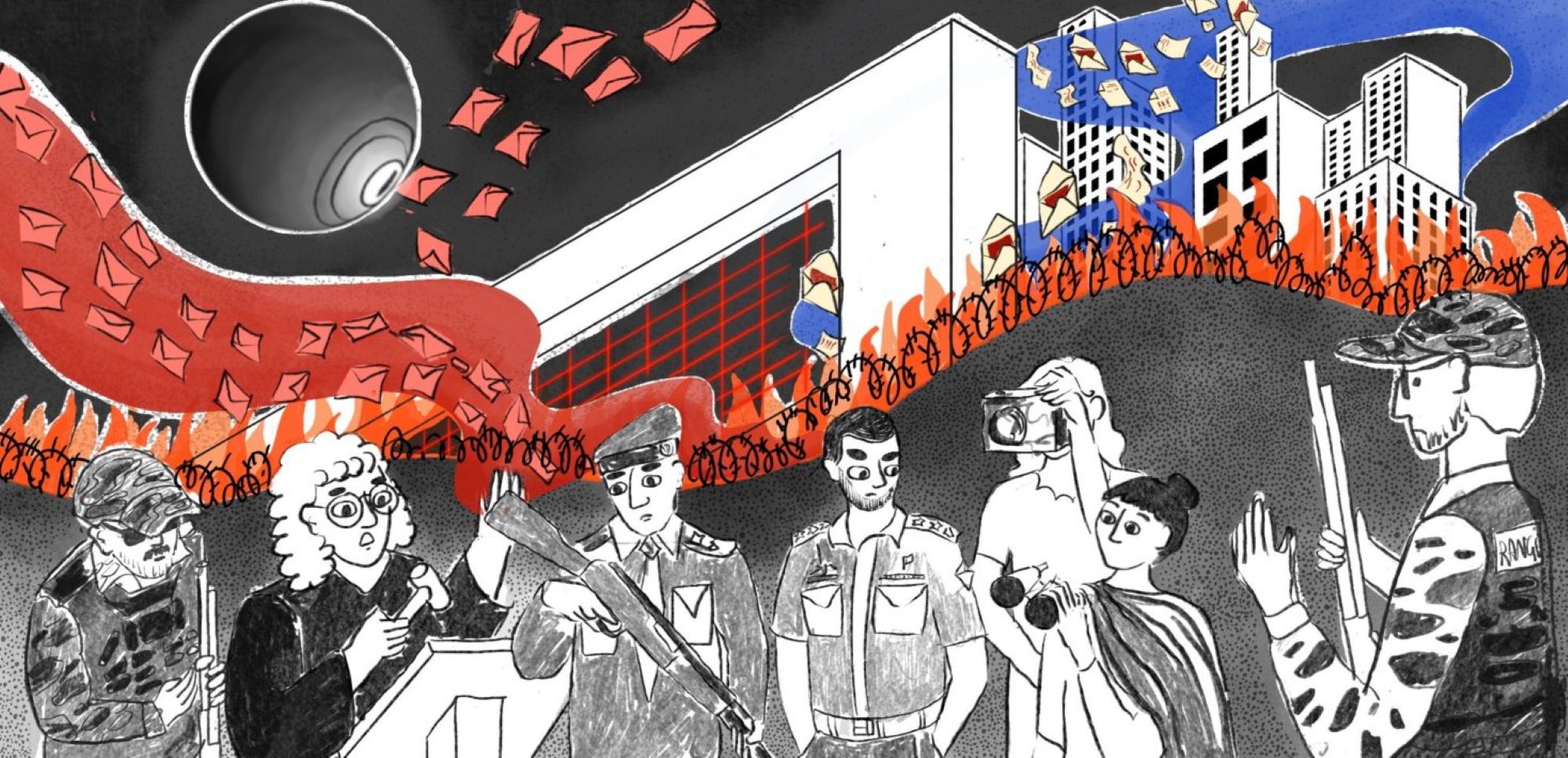 Pakistan surveillance and firewall illustration by Bushra Saleem.