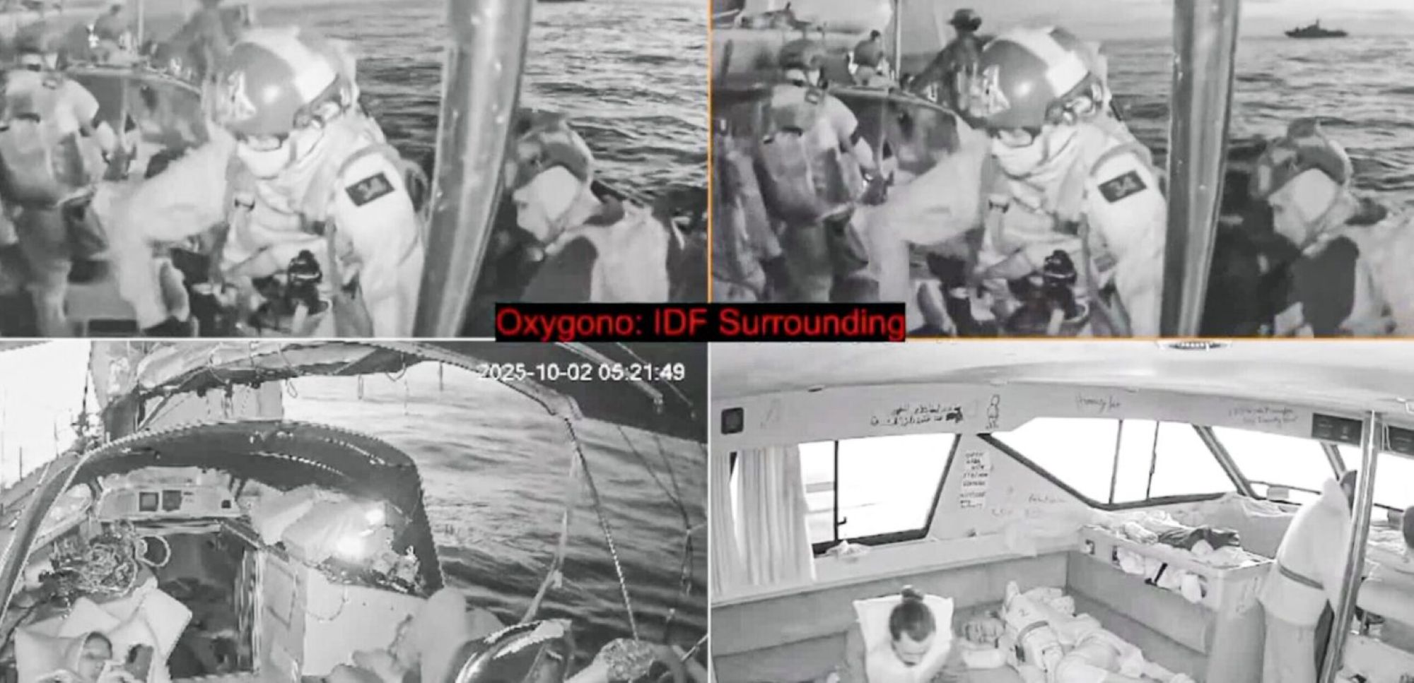 A screen grab captured from CCTV videos show Israeli forces boarding the Oxygono vessel, part of Global Sumud Flotilla as it was sailing toward Gaza at Mediterranean Sea on September 02, 2025. Photo by Global Sumud Flotilla / Handout/Anadolu via Getty Images.