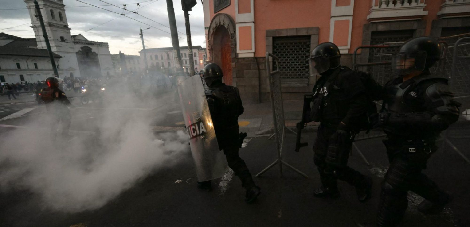 Police deploy a teargas can during a rally called by unions against insecurity and Ecuador's President Daniel Noboa's government policies in Quito on September 11, 2025. Photo by RODRIGO BUENDIA/AFP via Getty Images.