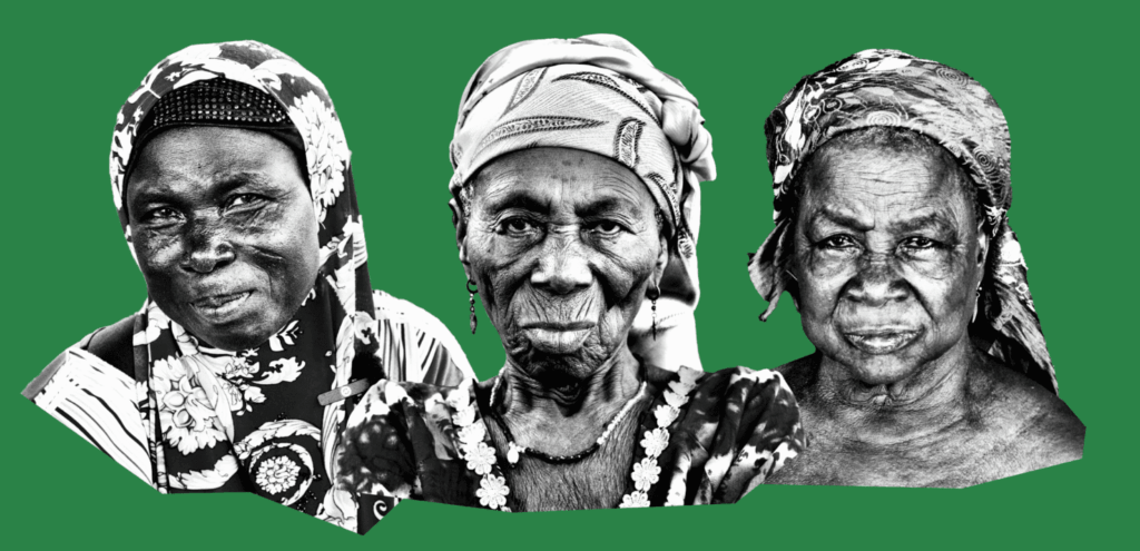 3 older women from Ghana in black and white on a green background