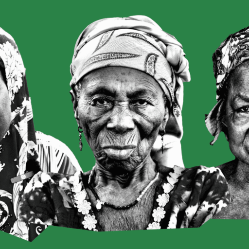 3 older women from Ghana in black and white on a green background