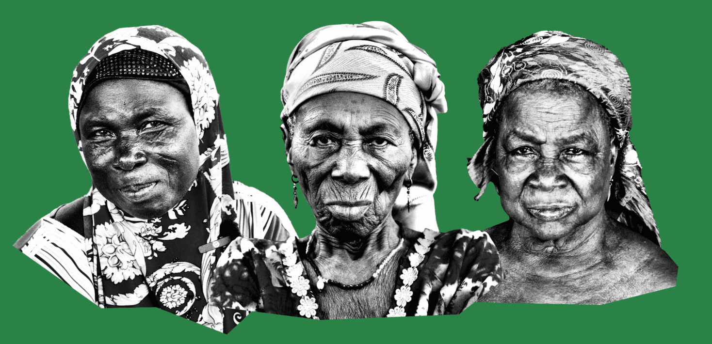 3 older women from Ghana in black and white on a green background