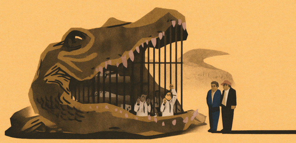 Illustration of two people behind the bars in the mouth of a shark