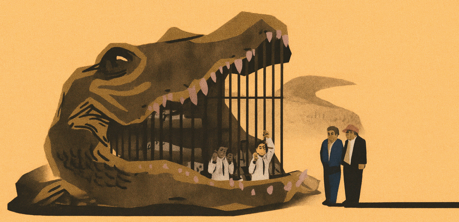 Illustration of two people behind the bars in the mouth of a shark