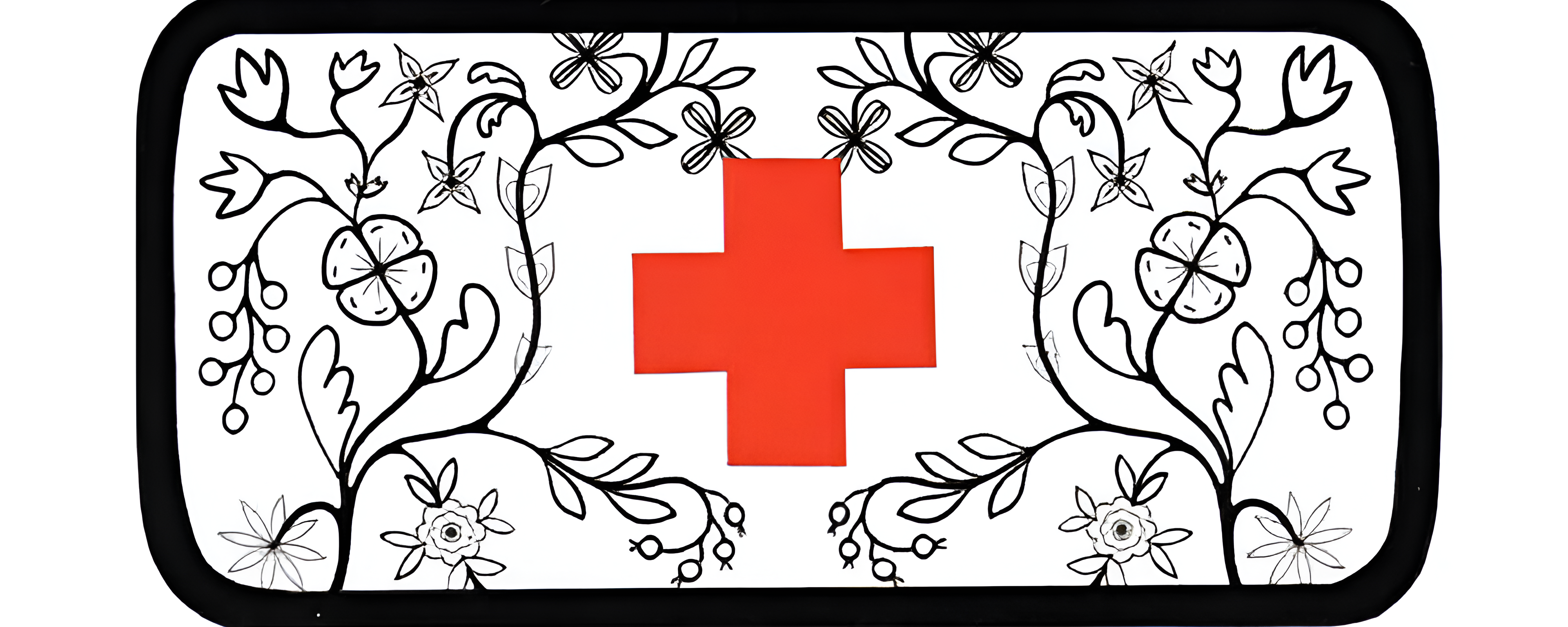 This shows an Indigenous inspired artwork featuring a red medical cross and floral motifs.