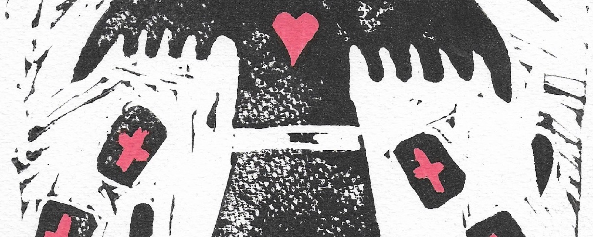 Thurnderbird artwork with a red heart and medical cross symbols used in harm reduction context.