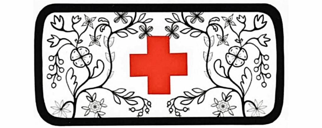 Indigenous inspired artwork featuring a red medical cross and floral motifs.