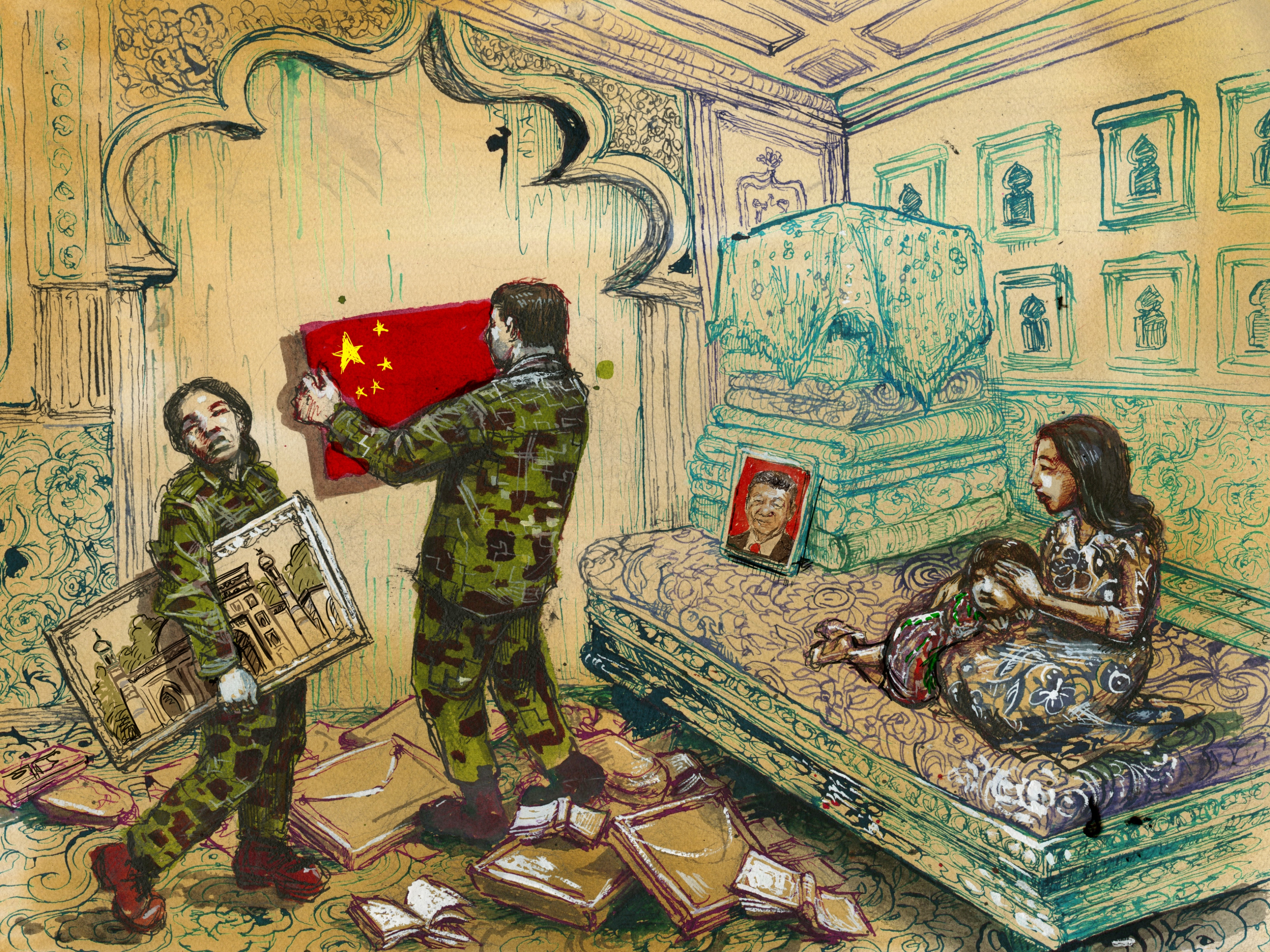 Chinese government officials removing religious and cultural artefacts from a Muslim home in Xinjiang, China Chinese government officials removing religious and cultural artefacts from a Muslim home in Xinjiang, China