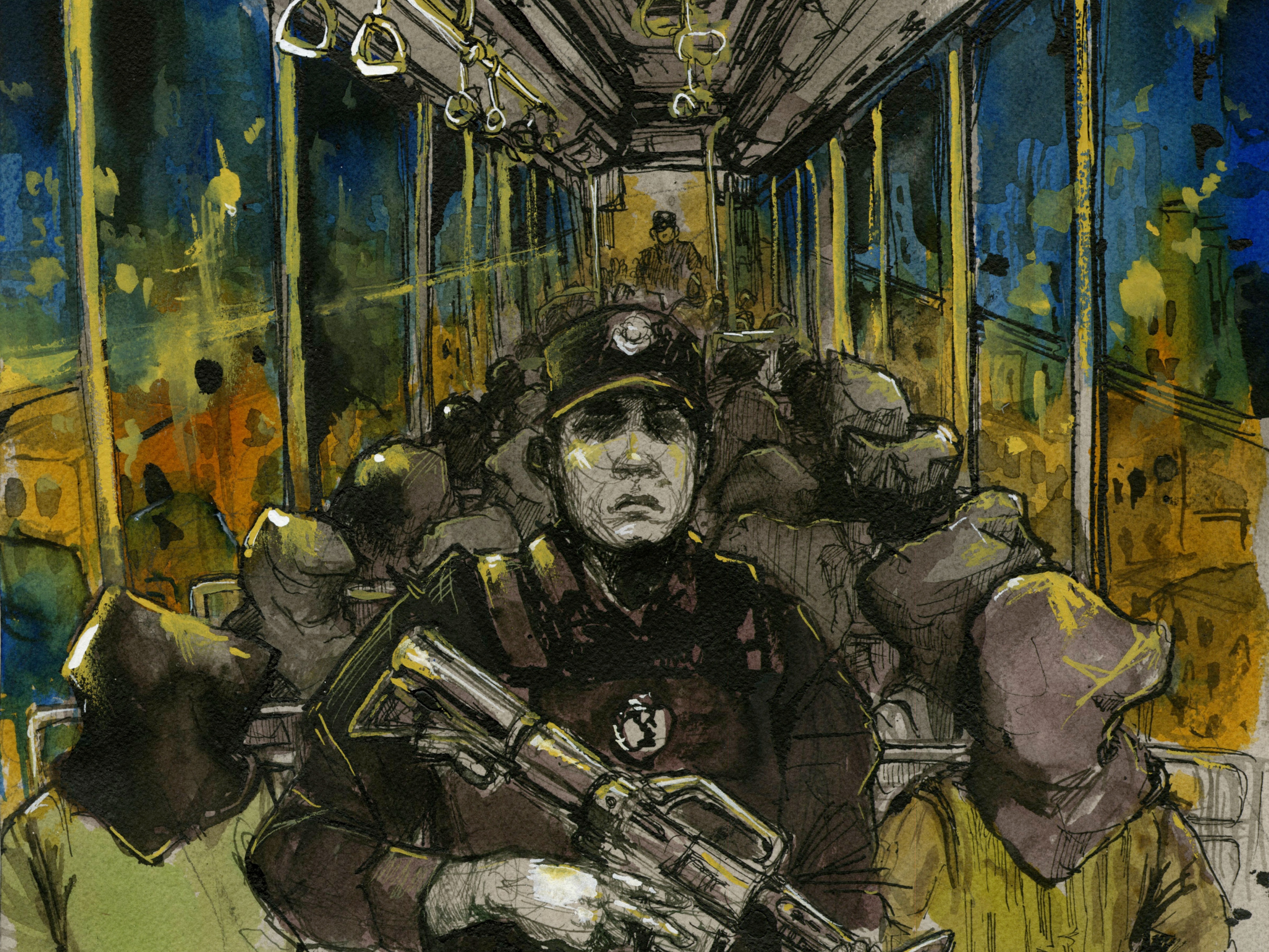 Detainees on their way to an internment camp in Xinjiang, China. Art by Molly Crabapple Detainees on their way to an internment camp in Xinjiang, China. Art by Molly Crabapple