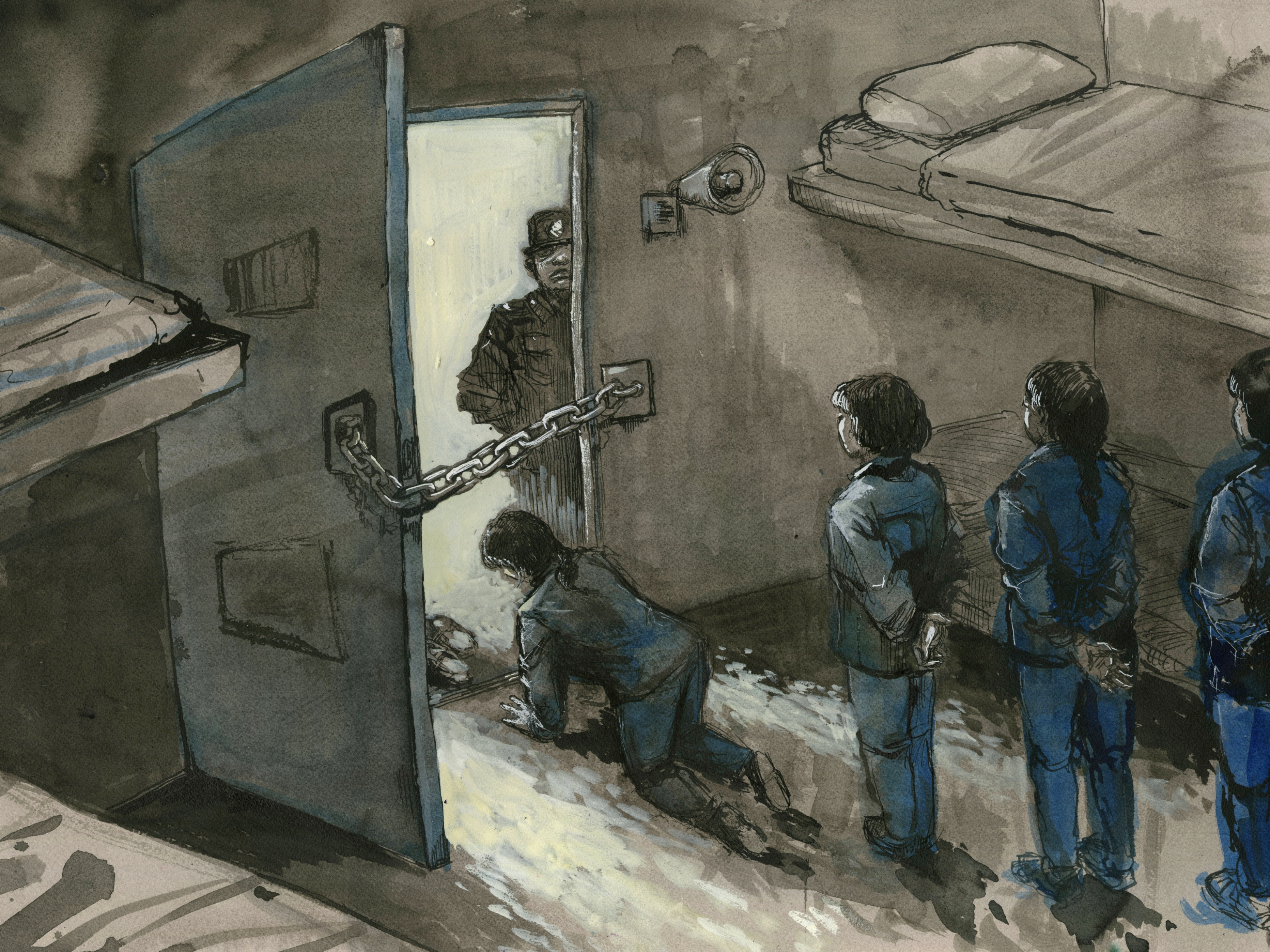 Female detainees exit their cell by crawling under a chain that connects the cell door to the wall. Art by Molly Crabapple Female detainees exit their cell by crawling under a chain that connects the cell door to the wall. Art by Molly Crabapple
